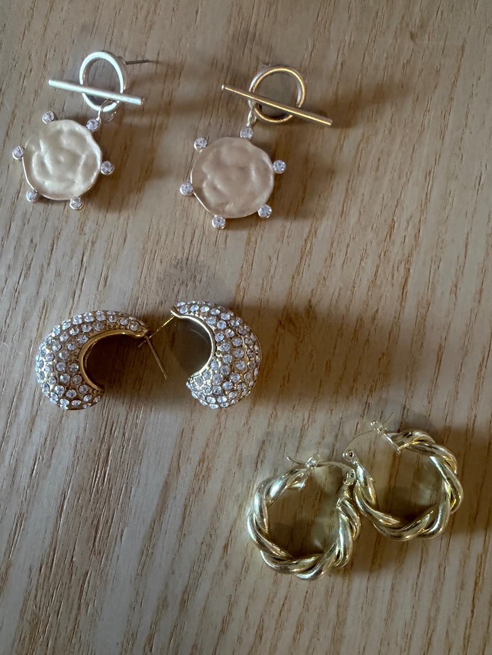 Rhinestone earrings/ Gold Braided Hoop Earrings - 3 pairs
